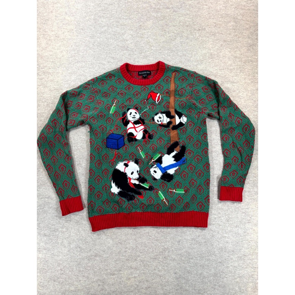Blizzard Bay Drunk Panda Party Ugly Christmas Sweater Men Small Green Red Winter